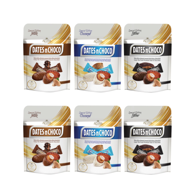 Dates N Choco Milk + Coconut and White Chocolate + Dark Chocolate Covered Dates 6 Pieces* 90 g / 3.17 oz 