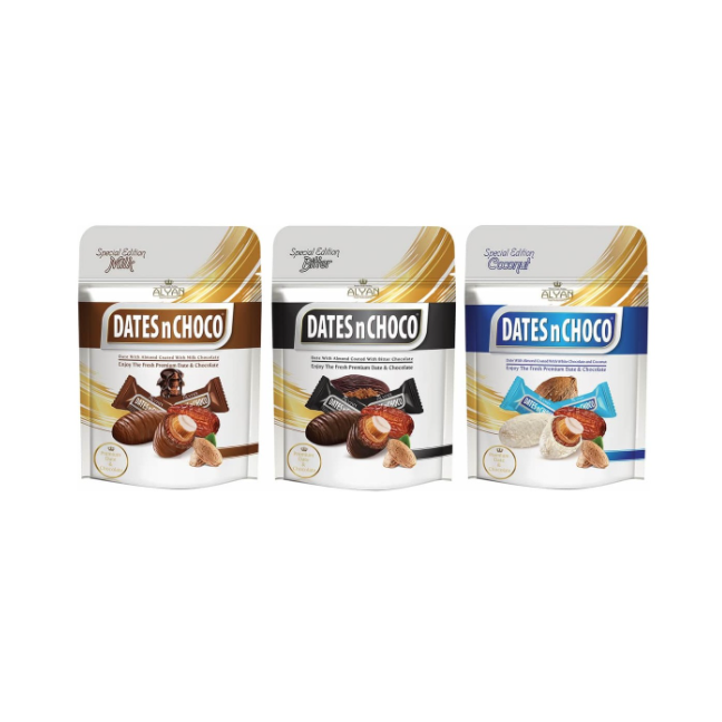 Dates n Choco 3 packs Milk  + Coconut and White Chocolate 90 g / 3.17 oz + Dark Chocolate Covered Dates 90 gr