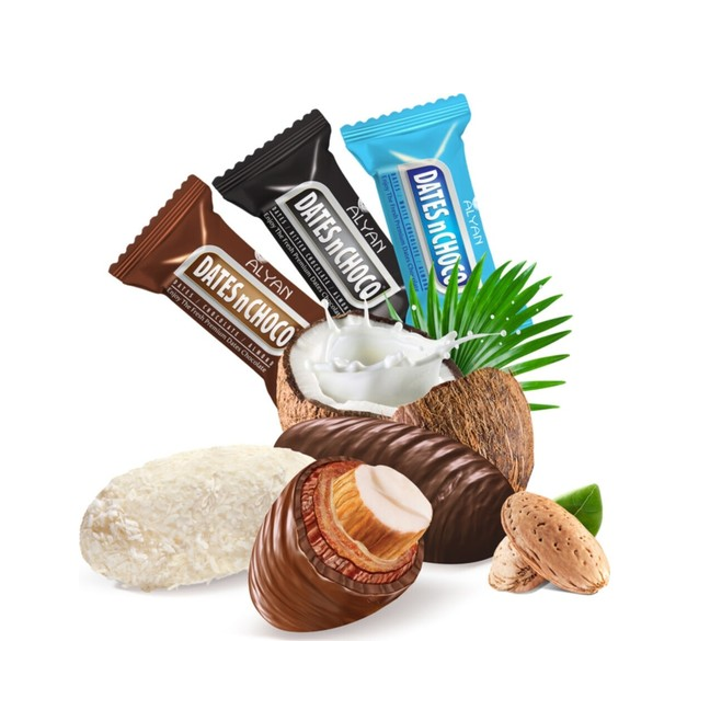 Dates n Choco 3 packs Milk  + Coconut and White Chocolate 90 g / 3.17 oz + Dark Chocolate Covered Dates 90 gr