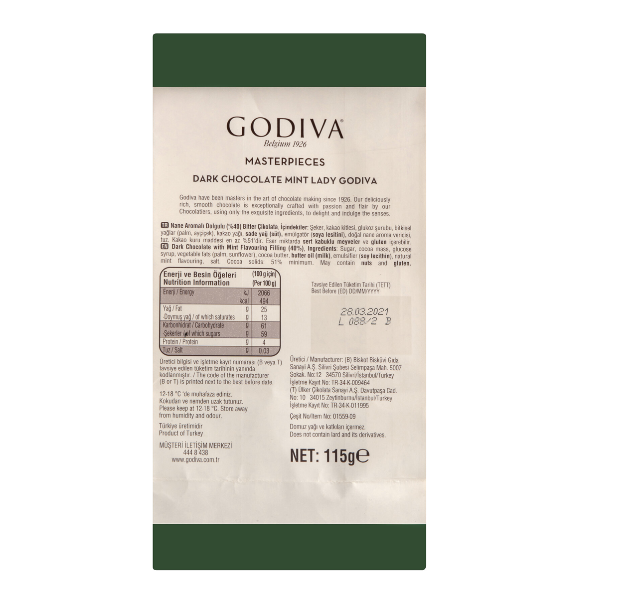Godiva Mint Flavored Filled Dark Chocolate 115 g / 4.1 oz