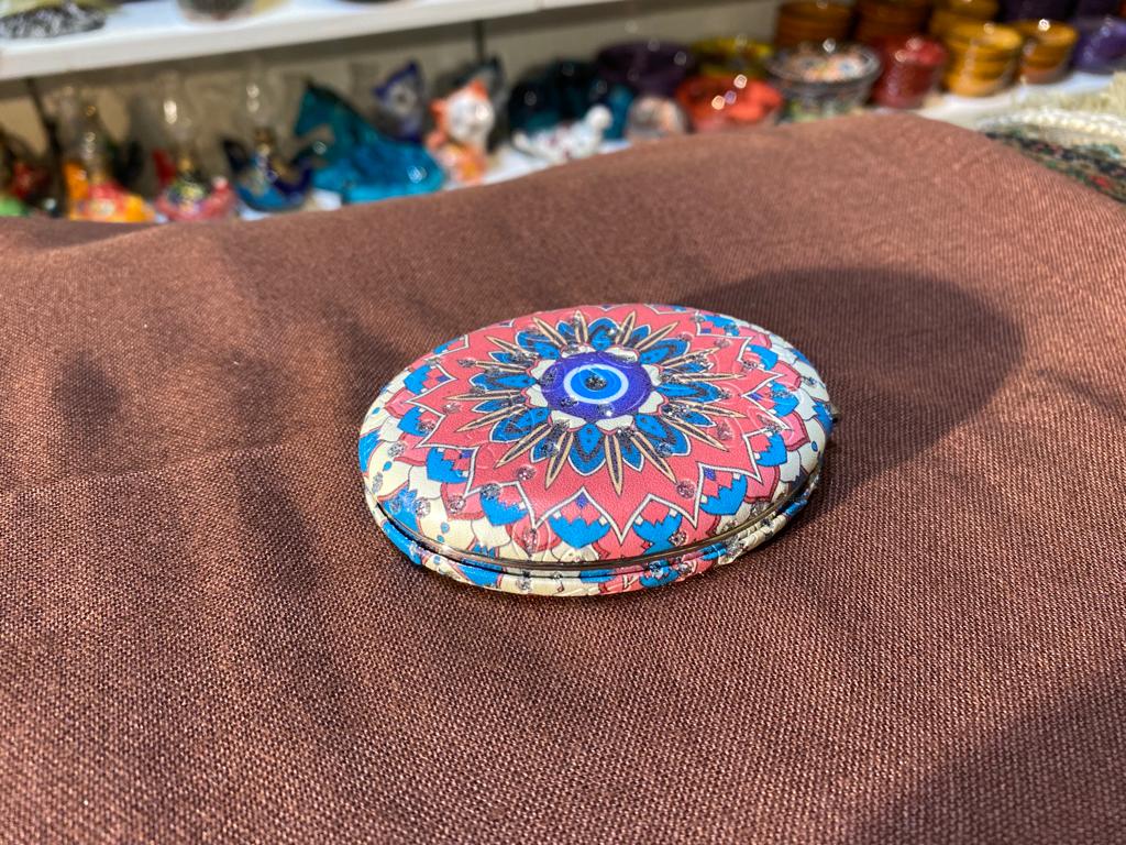 Pocket Mirror, Turkish Handmade, Folding Mirror, Evil Eye Colorful Drawing, Small Vintage Box