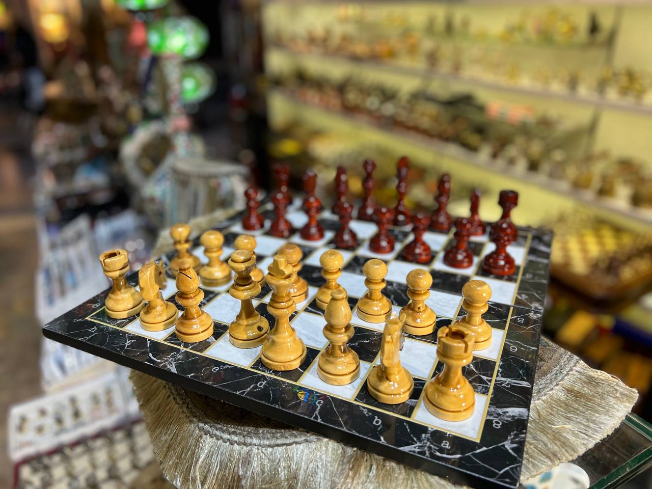 Turkish Handmade Wooden Chess Set Board , Marble Color Board, Ottoman Decorated