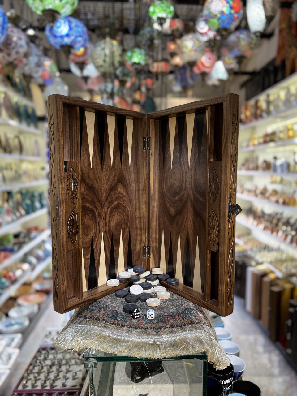 Turkish Handmade Dark Wooden Fancy Backgammon And Chess Board At The Same Time With Crafted Sides Pattern, Ottoman Decorated