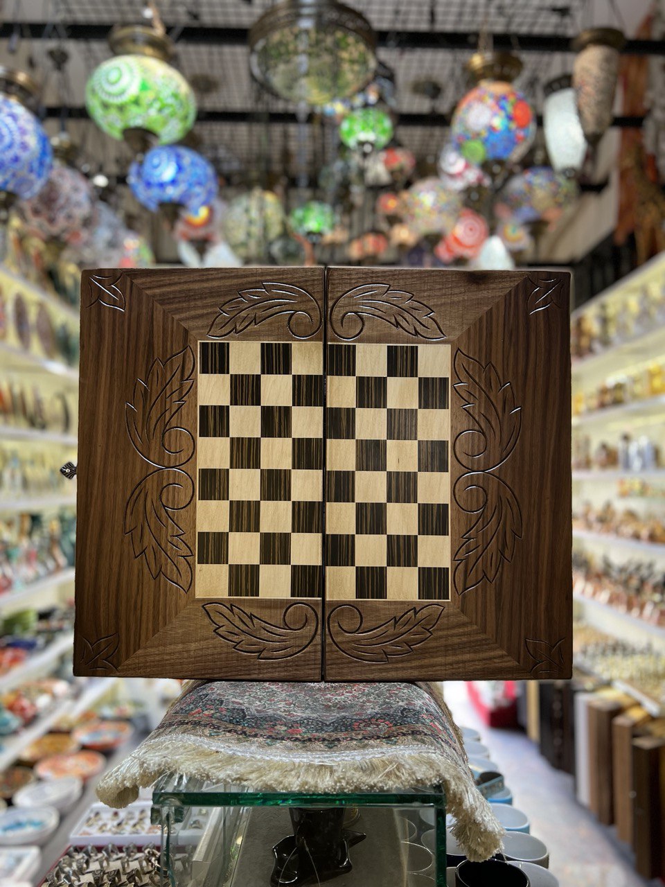 Turkish Handmade Dark Wooden Fancy Backgammon And Chess Board At The Same Time With Crafted Sides Pattern, Ottoman Decorated