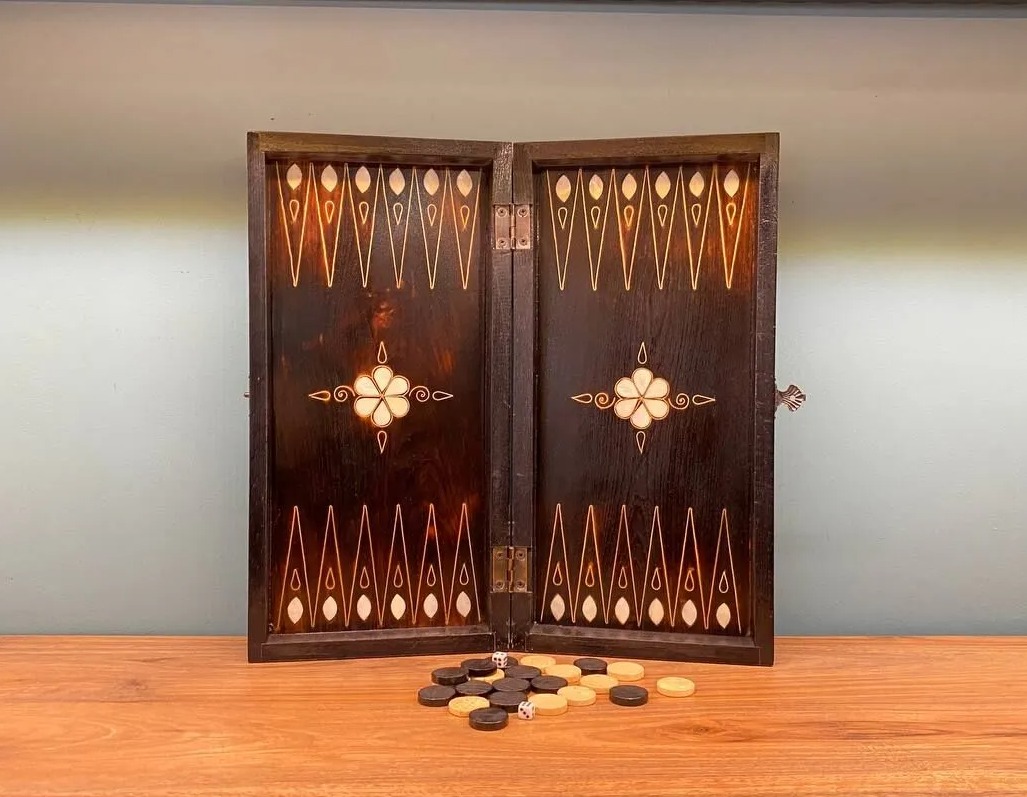 Chess and Backgammon Board, Black Wooden Fancy Board 2 in 1, Stoned With Pearl, Ottoman Design, Turkish Handmade