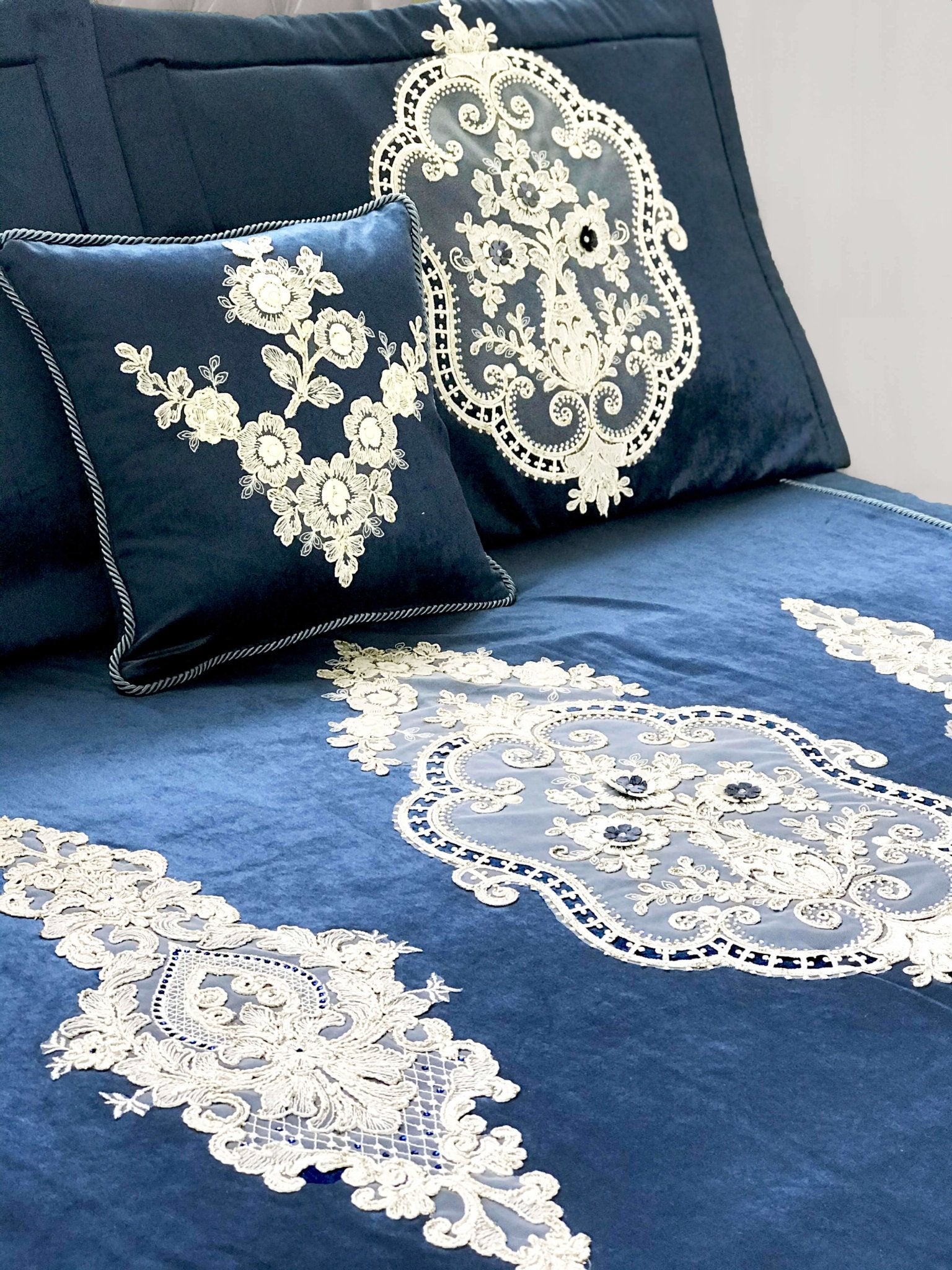Turkish Handmade Bed Cover, Tuana Navy Blue Color, Golden Striped Style, Royal Bed Cover