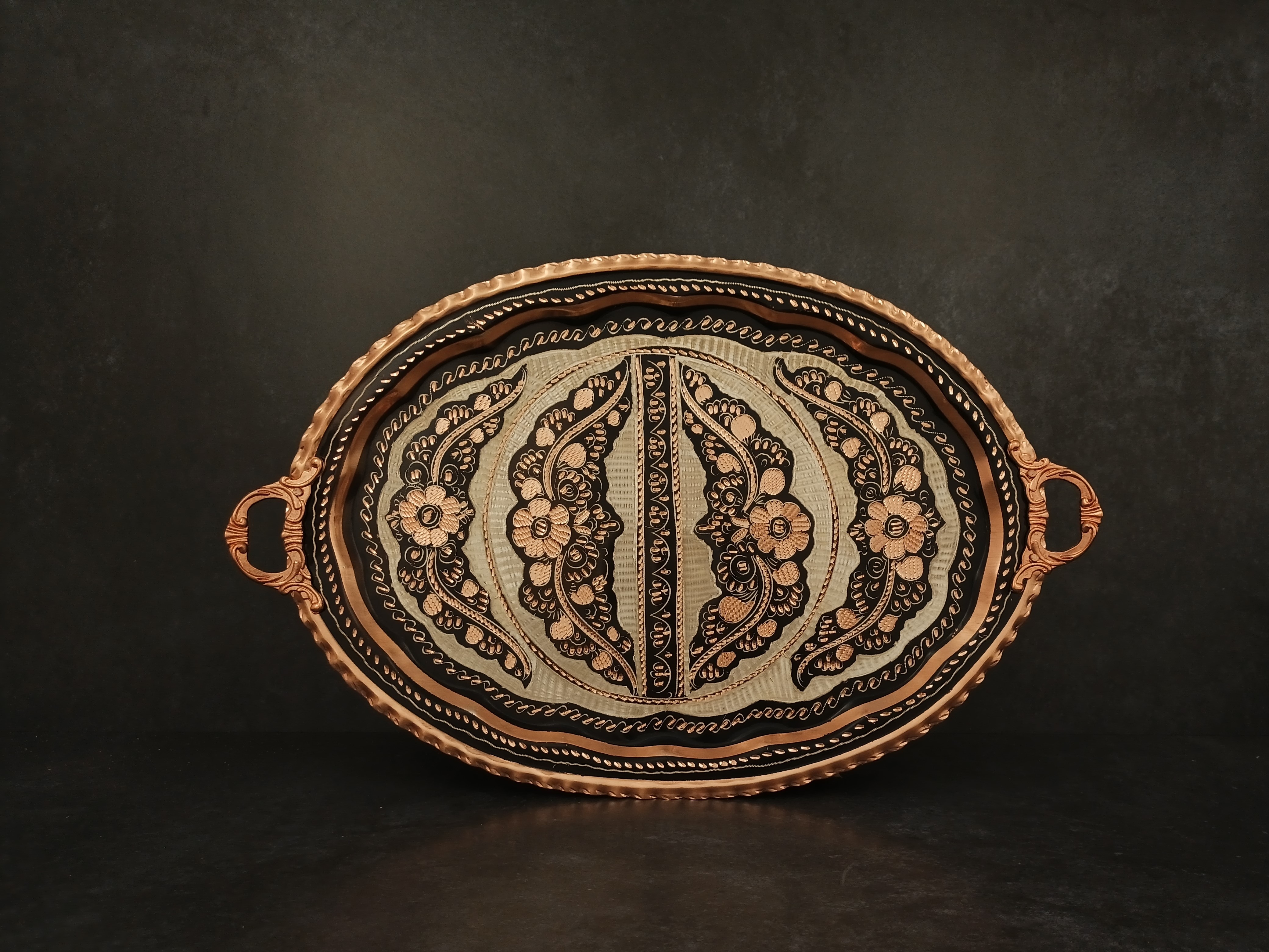 Turkish Handmade Copper Tray, Oval Serving Tray, Turkish Style Royal Decorated Coffee Table Tray