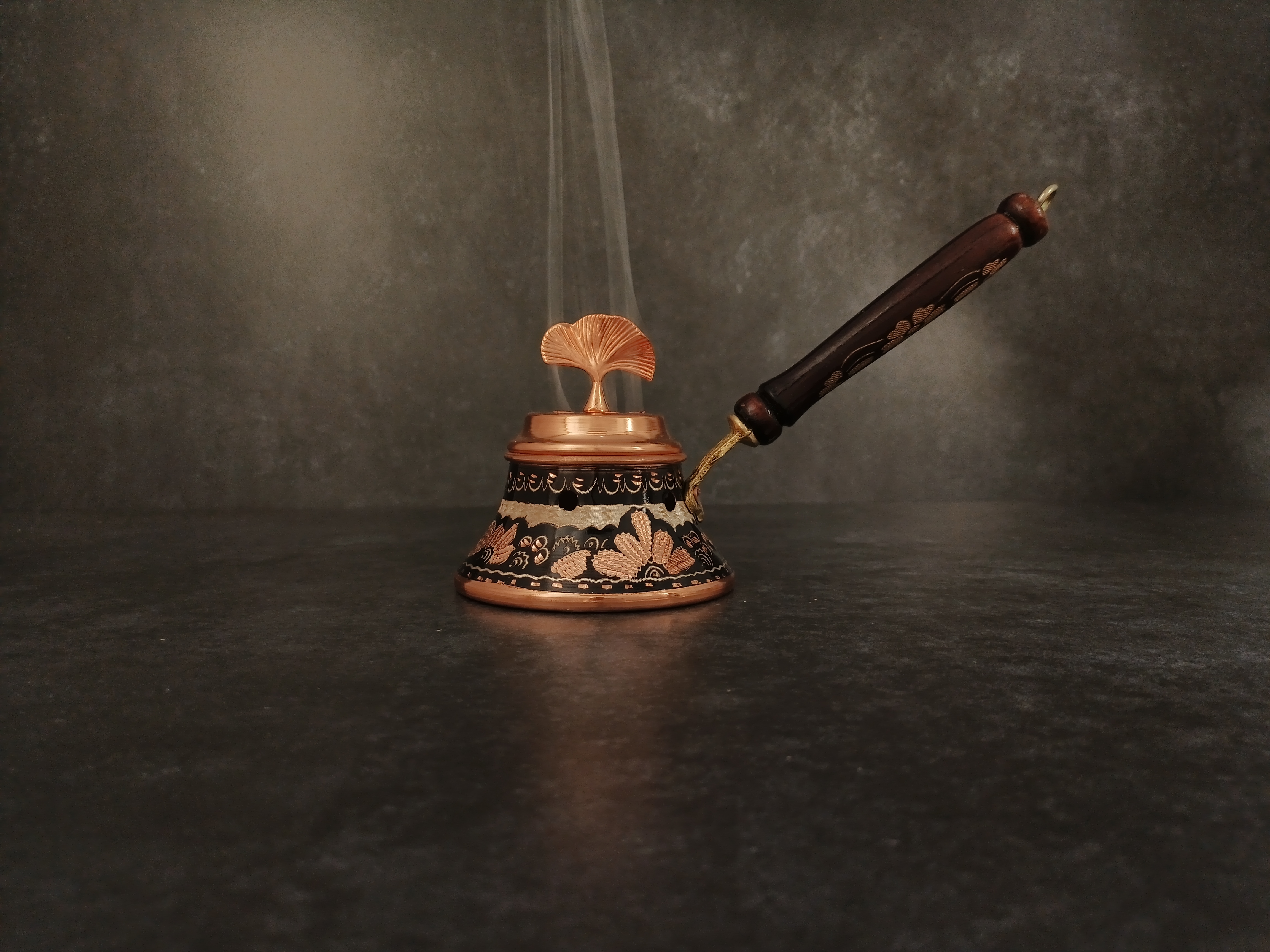 Turkish Handmade Incense Burner, Original Solid Copper Perfume Burner Wooden Handle