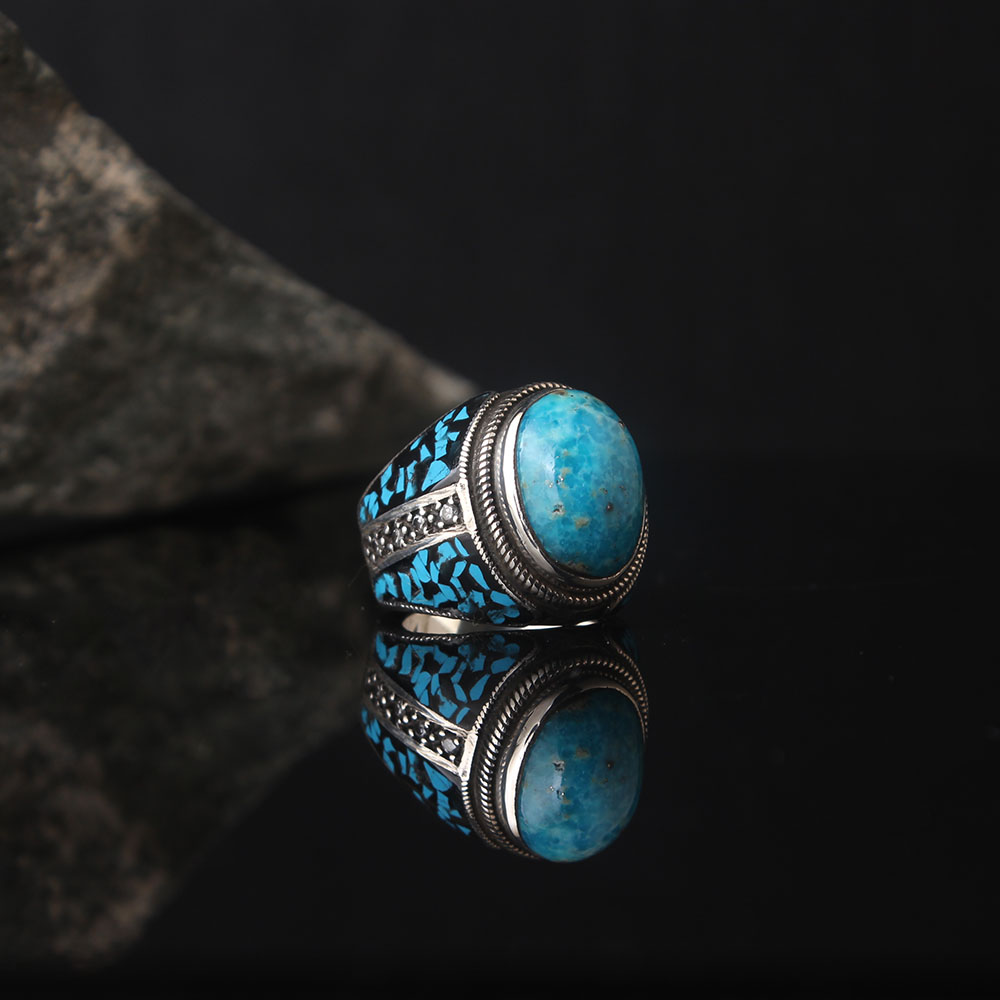 Turquoise Stoned Ring, Black Enamelled Silver, Turkish Handmade Men's Jewelry, Authentic 925k Silver