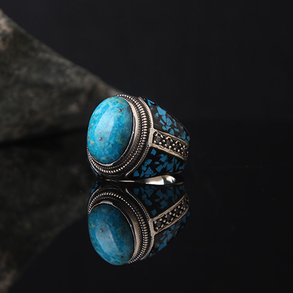 Turquoise Stoned Ring, Black Enamelled Silver, Turkish Handmade Men's Jewelry, Authentic 925k Silver