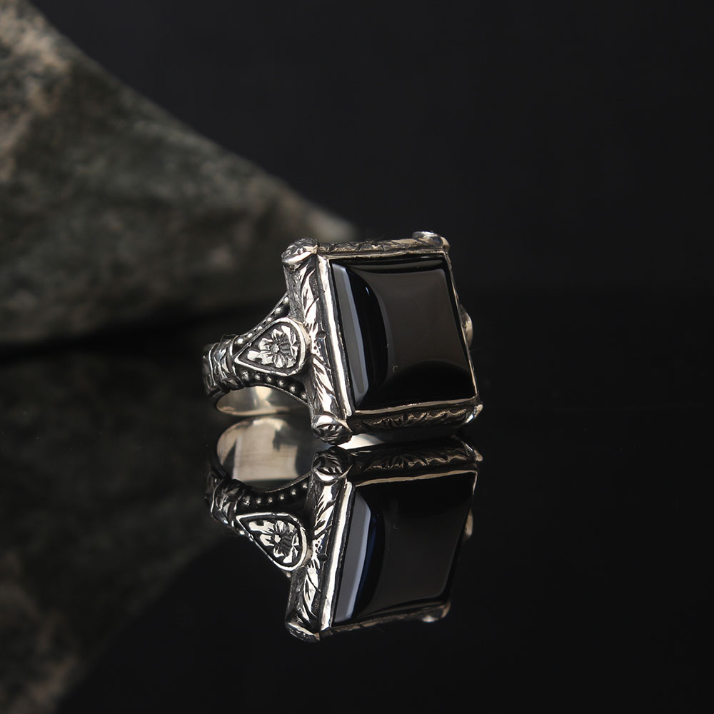 Seljuk Silver Square Ring With Onix Stones, Luxury Engraved Sterling ...