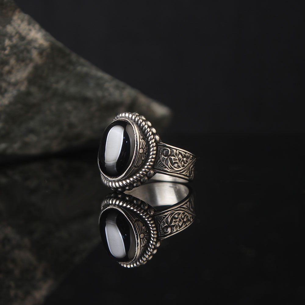 Lucifer Authentic Ring, Oval Form Onyx Stoned, Luxury Handmade Engraved Ring, Turkish Men's Jewelry, 925k Silver