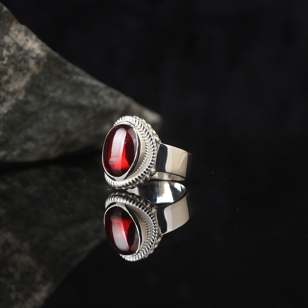 Lucifer Ring Oval Red Zircon Stoned, Luxury Handmade Engraved Ring, Turkish Men's Jewelry, 925k Silver