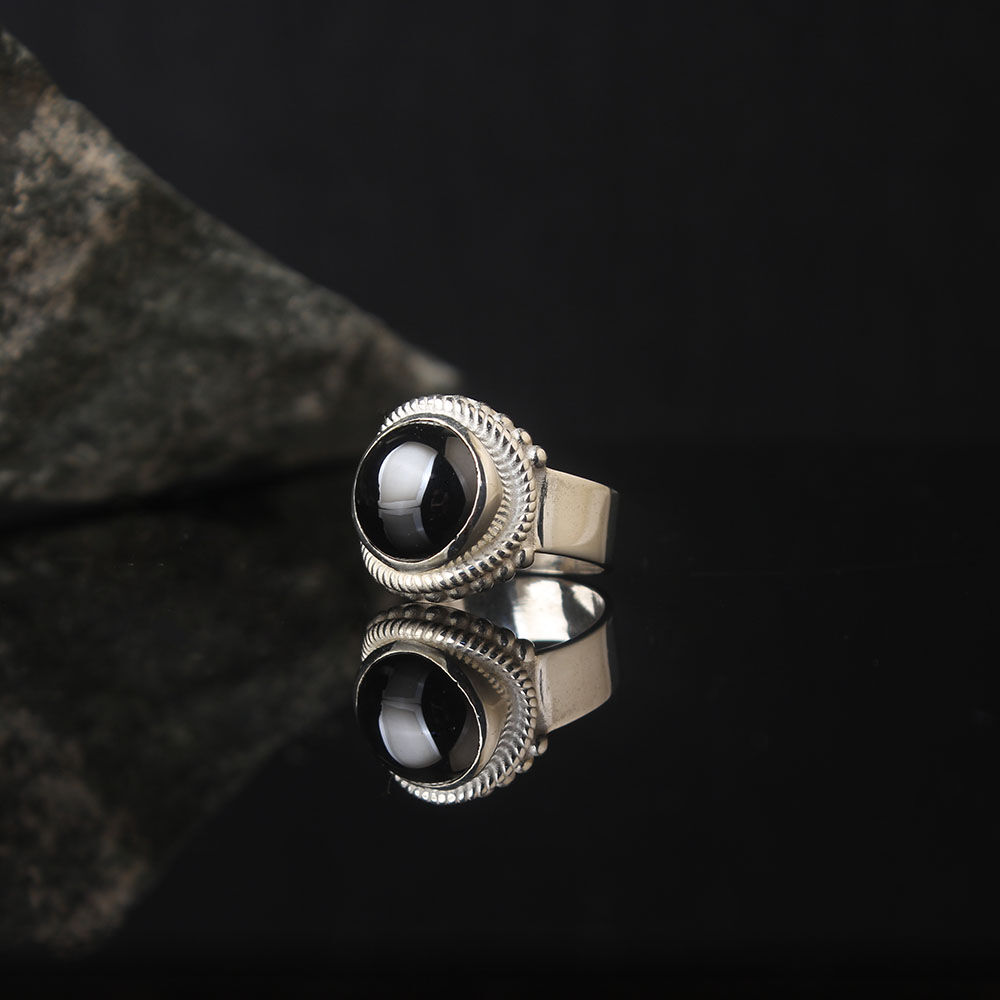 Lucifer Ring Round Black Zircon Stoned, Luxury Handmade Engraved Ring, Turkish Men's Jewelry, 925k Silver