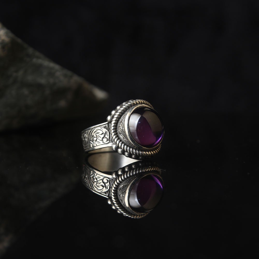 Lucifer Ring Purple Onyx Stoned, Round Form, Luxury Handmade Engraved Ring, Turkish Men's Jewelry 925k Silver