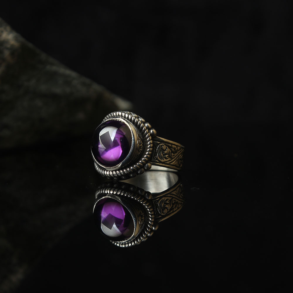 Lucifer Ring Purple Onyx Stoned, Round Form, Luxury Handmade Engraved Ring, Turkish Men's Jewelry 925k Silver