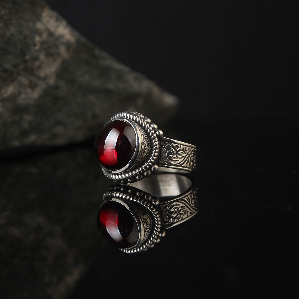 Lucifer Ring Red Onyx Stoned, Round Form, Luxury Handmade Engraved Ring, Turkish Men's Jewelry 925k Silver