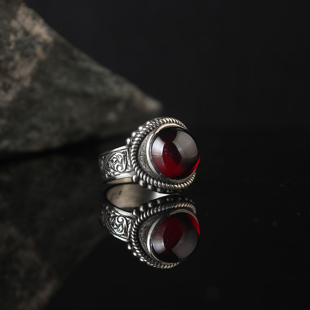 Lucifer Ring Red Onyx Stoned, Round Form, Luxury Handmade Engraved Ring, Turkish Men's Jewelry 925k Silver