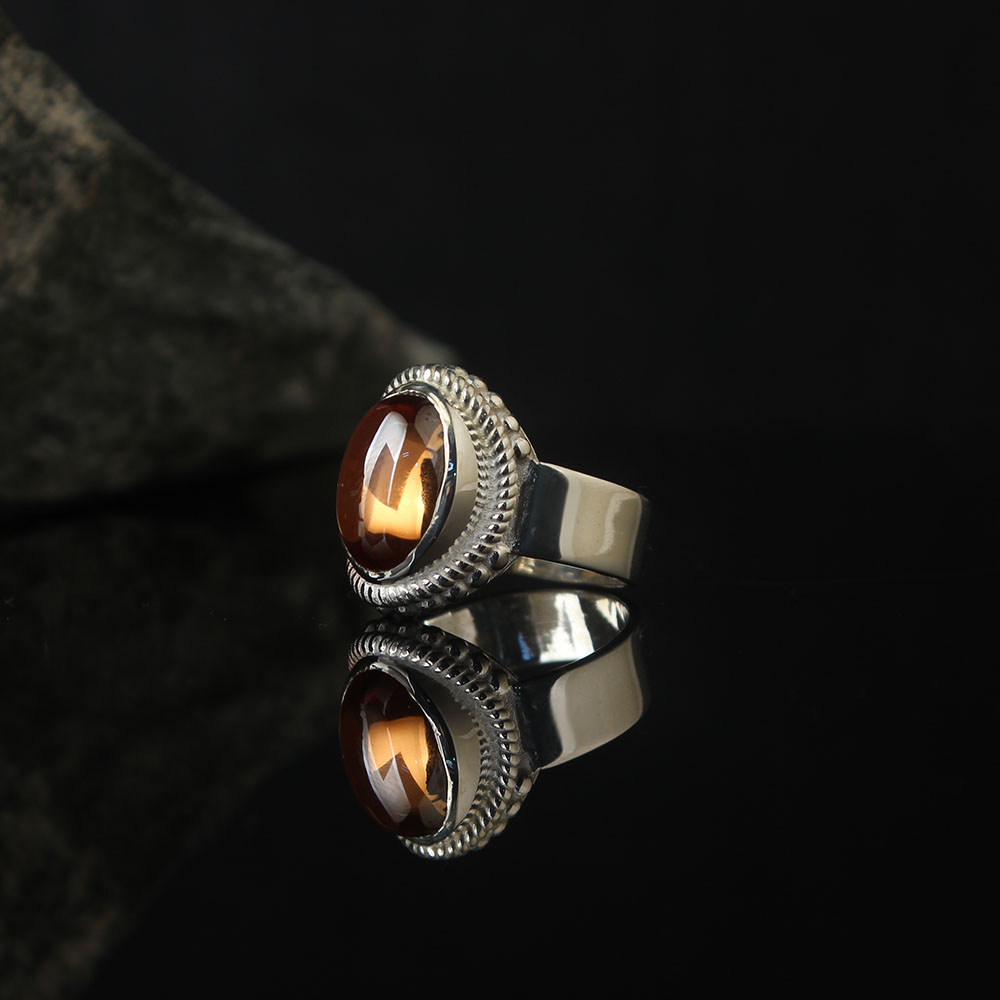 Lucifer Ring Oval Orange Zircon Stoned, Luxury Handmade Engraved Ring, Turkish Men's Jewelry, 925k Silver