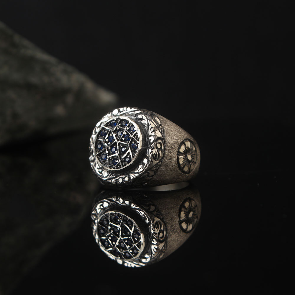 Navy Blue Zircon Stoned Silver Ring, Luxury Handmade Engraved Sterling Ring,turkish Authentic Ring 925k Silver