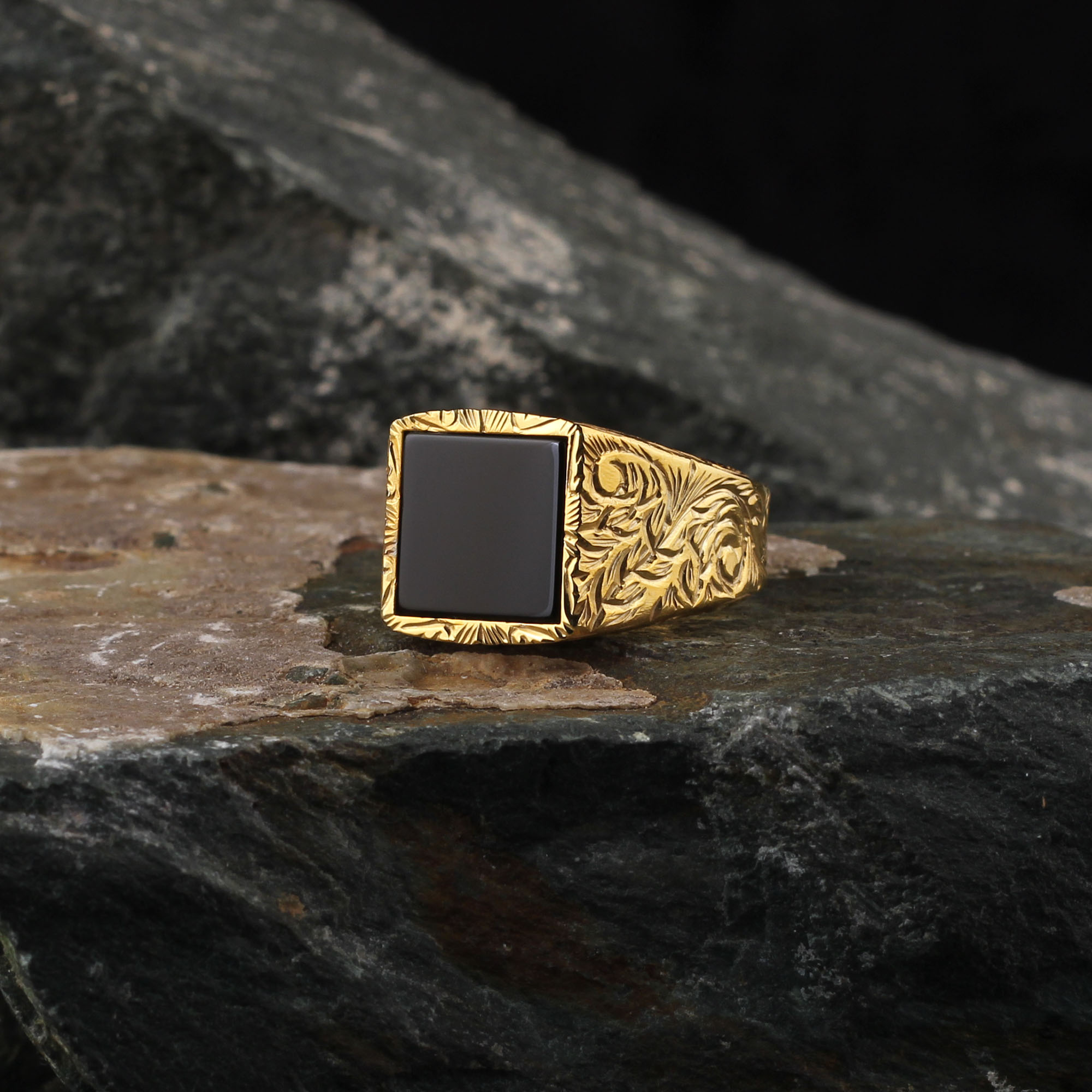 Castle Onix Stone Ring, Luxury Handmade Engraved Sterling Ring,Turkish Authentic Ring, 24k Gold Plated On 925 Silver.