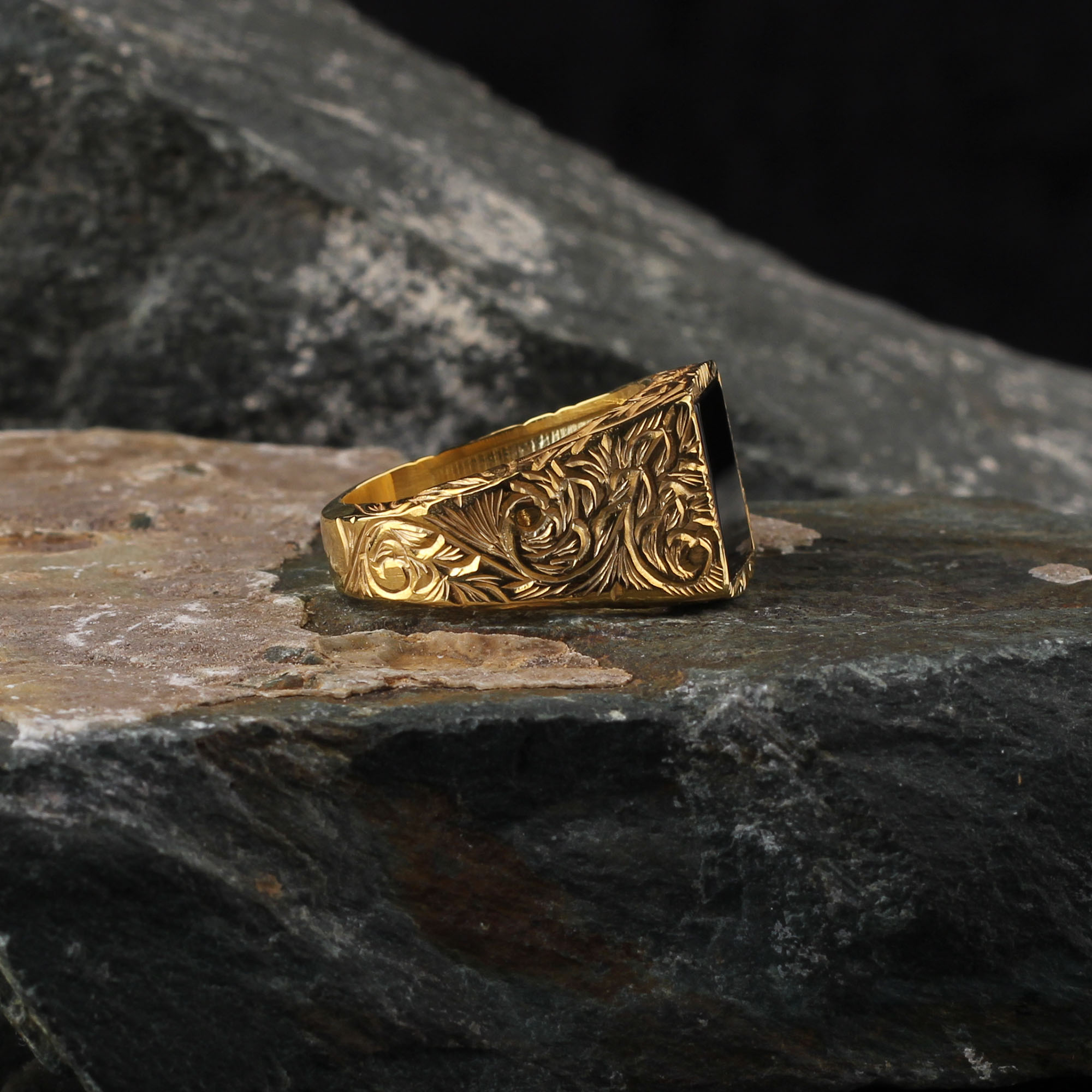 Castle Onix Stone Ring, Luxury Handmade Engraved Sterling Ring,Turkish Authentic Ring, 24k Gold Plated On 925 Silver.