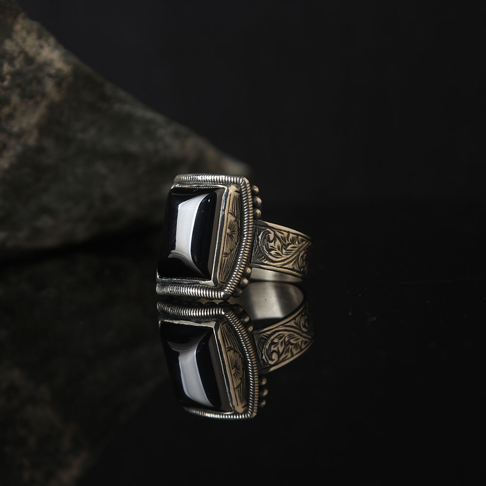 Lucifer Authentic Ring, Made Of Onyx Stone, Luxury Engraved Sterling Ring, Turkish Handmade Men's Jewelry 925k Silver 