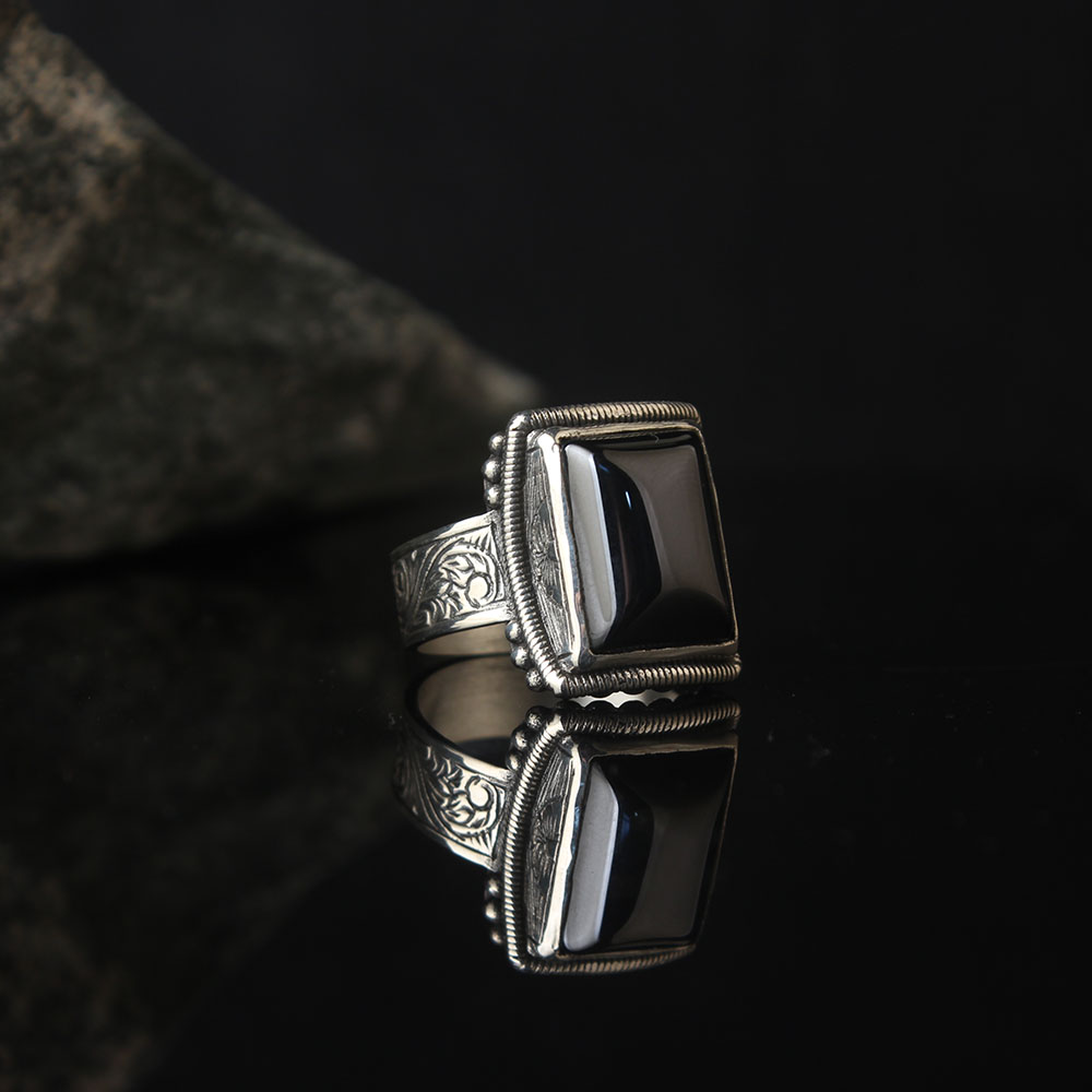 Lucifer Authentic Ring, Made Of Onyx Stone, Luxury Engraved Sterling Ring, Turkish Handmade Men's Jewelry 925k Silver 