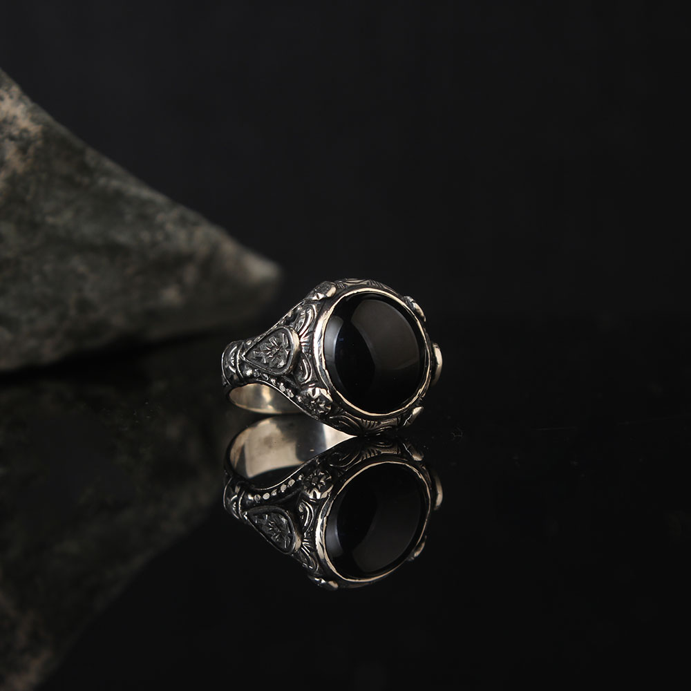 Black Onyx Stoned Round Form Silver Ring,  Elegant Handmade Engraved Ring, Turkish Men's Jewelry 925k Silver
