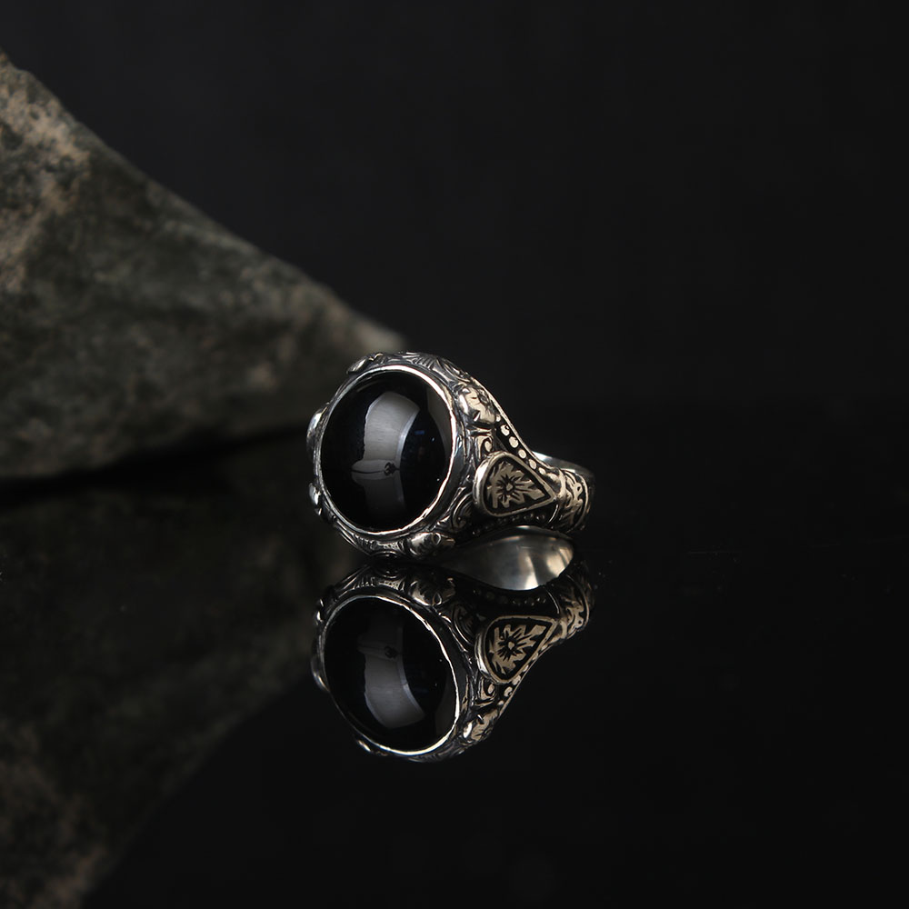 Black Onyx Stoned Round Form Silver Ring,  Elegant Handmade Engraved Ring, Turkish Men's Jewelry 925k Silver