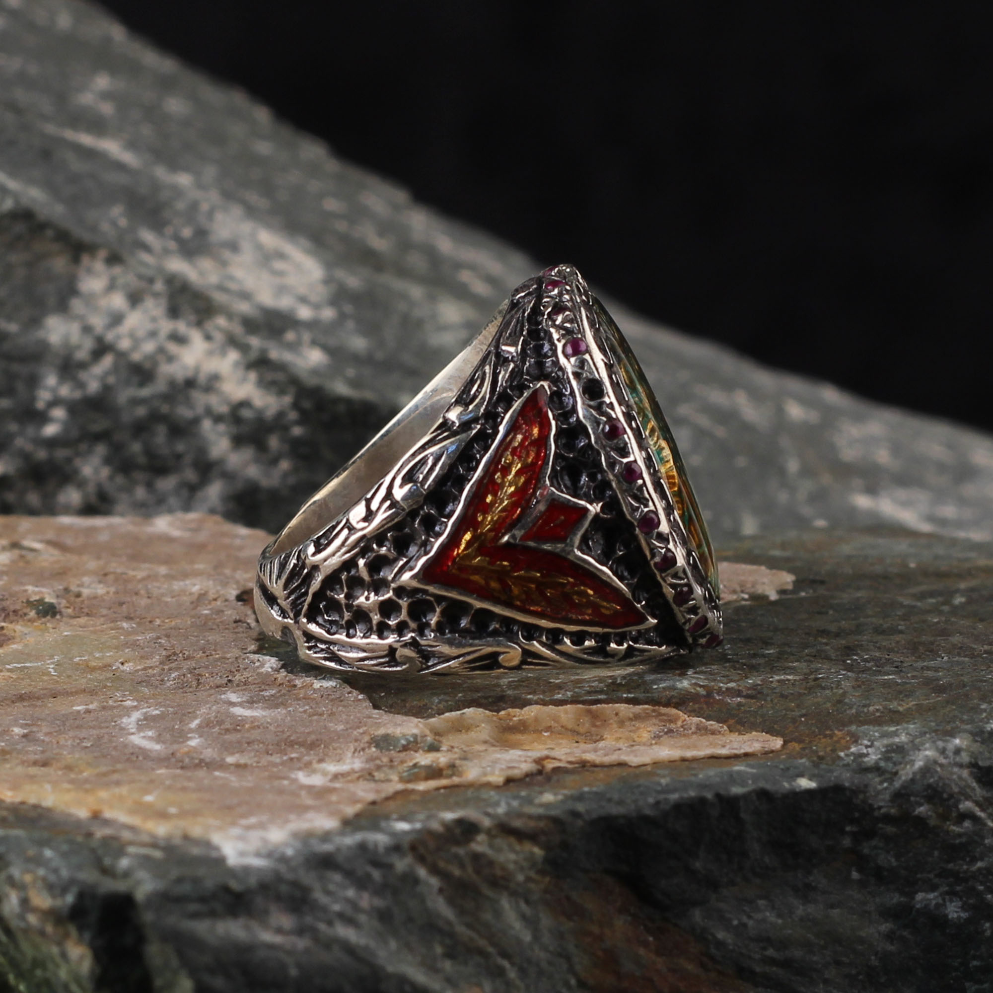 Garnet Stone And Multi Colored Enamel Sterling Silver ring, Luxury Handmade and Engraved, Turkish  Men's Jewelry 925k Silver