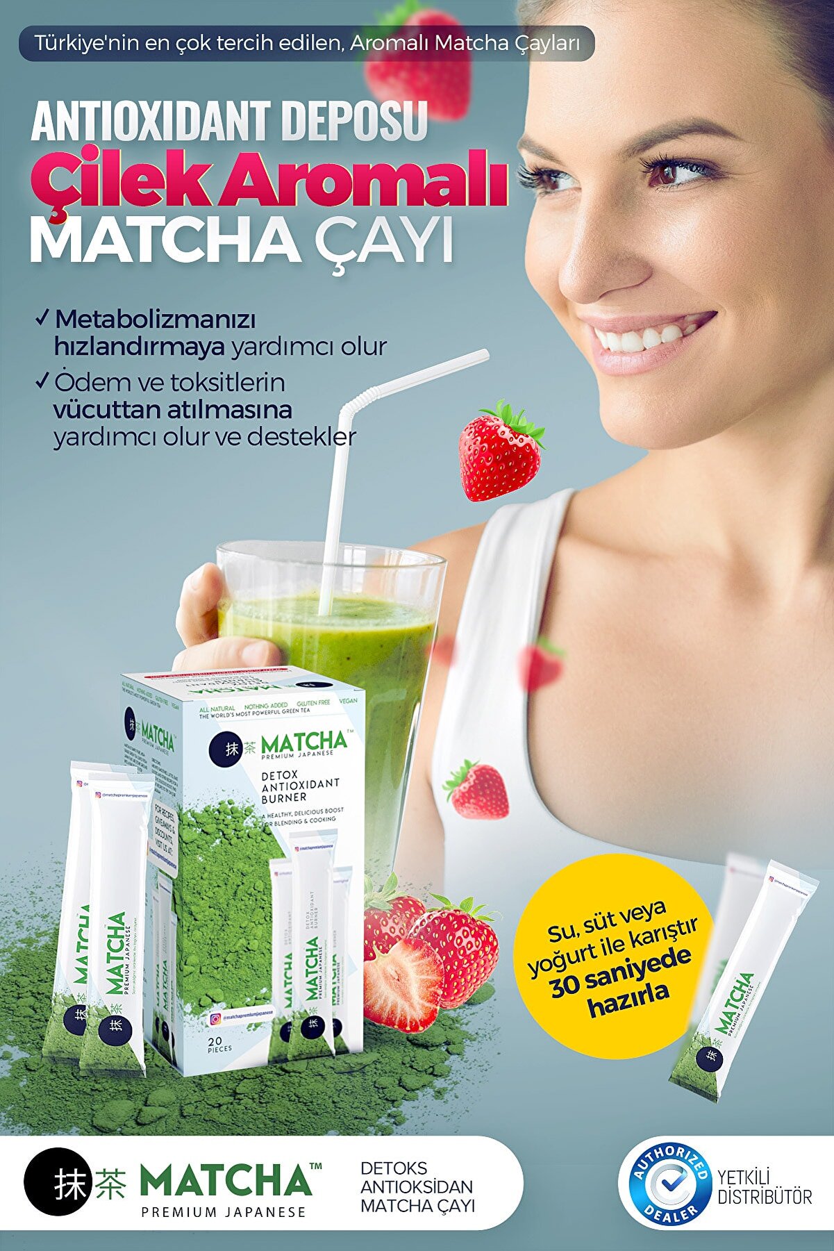 Matcha Premium Japanese Strawberry Flavore Detox Burner, Herbal Tea Blended with Green Tea, 1 Box MATCHACAYI